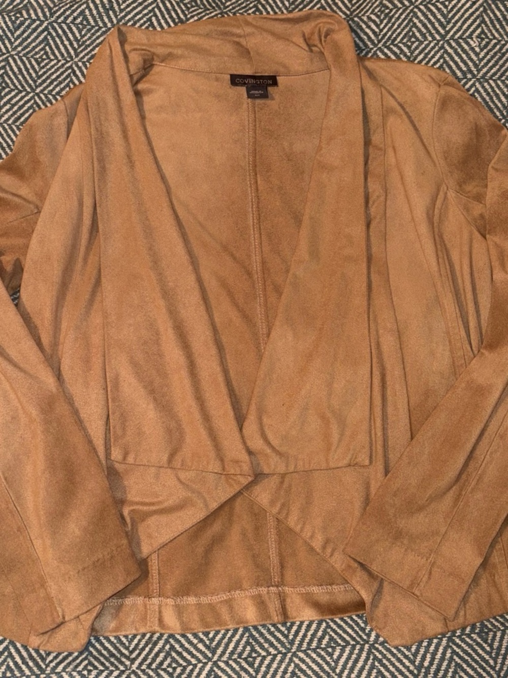 Covington Tan Faux Suede Open-Front Draped Blazer